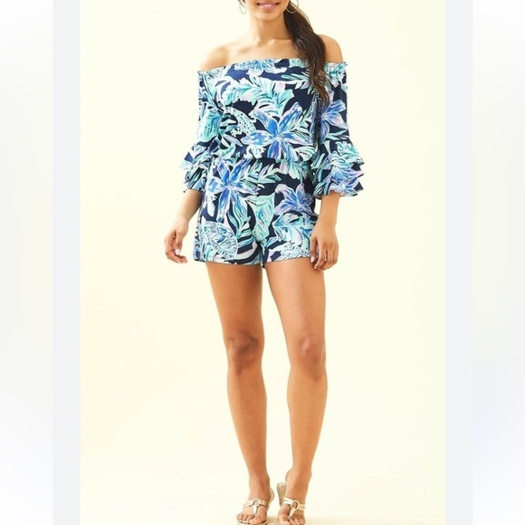 Lilly Pulitzer Blue Teal Calla Off The Shoulder Romper - Picture 2 of 14